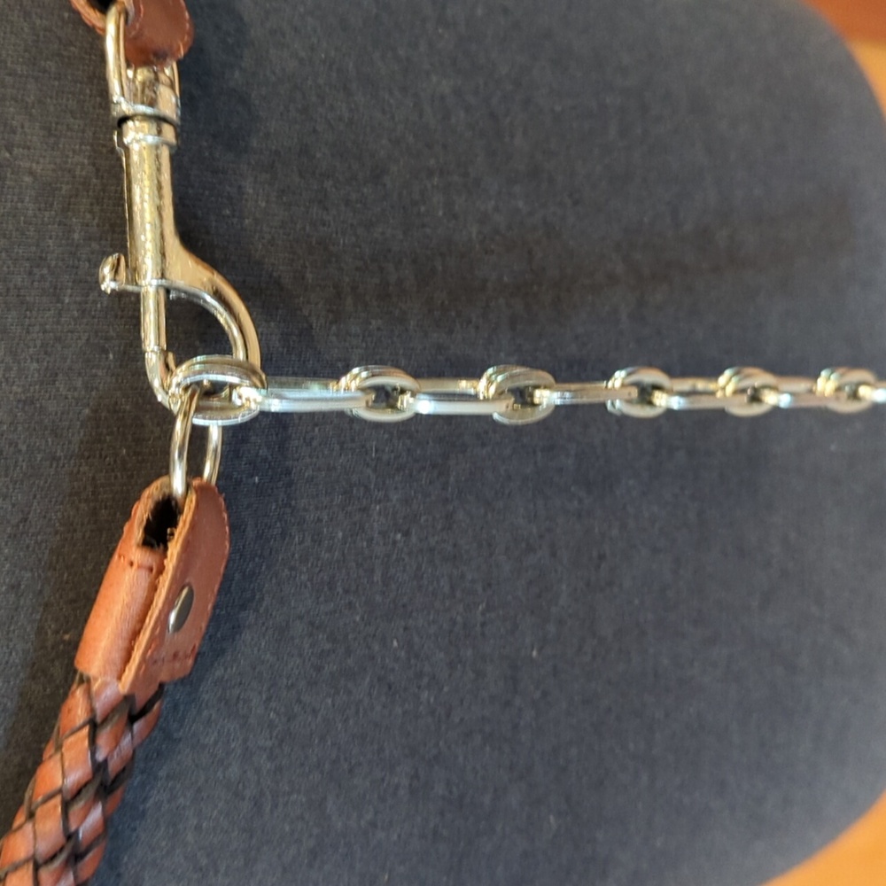 Braided Brown Leather Belt with Silver Chain. Measures 31" Plus 7" Silver Chain - Picture 2 of 3